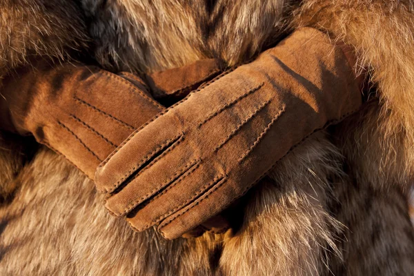 寒い冬で毛皮のコートと手袋を着用 — ストック写真