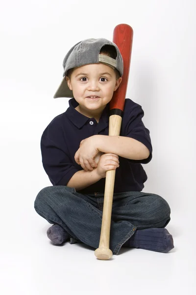 Pojke med basebollträ — Stockfoto