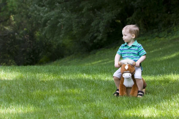 Junge auf Spielzeugpferd — Stockfoto