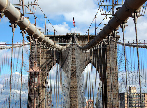 Upward image of the Brooklyn Bridge in New York