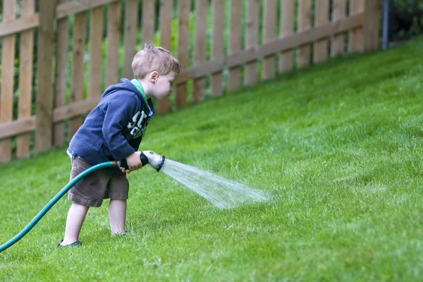 Pojke vattning trädgård — Stockfoto