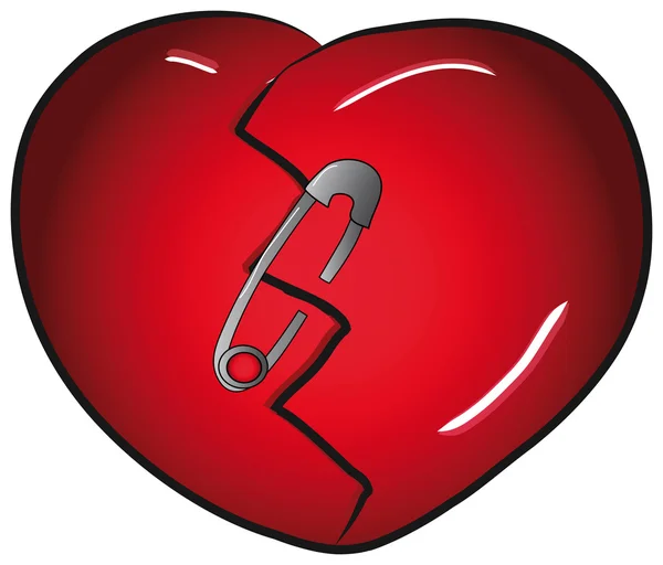 Broken heart with safety-pin — Stock Vector