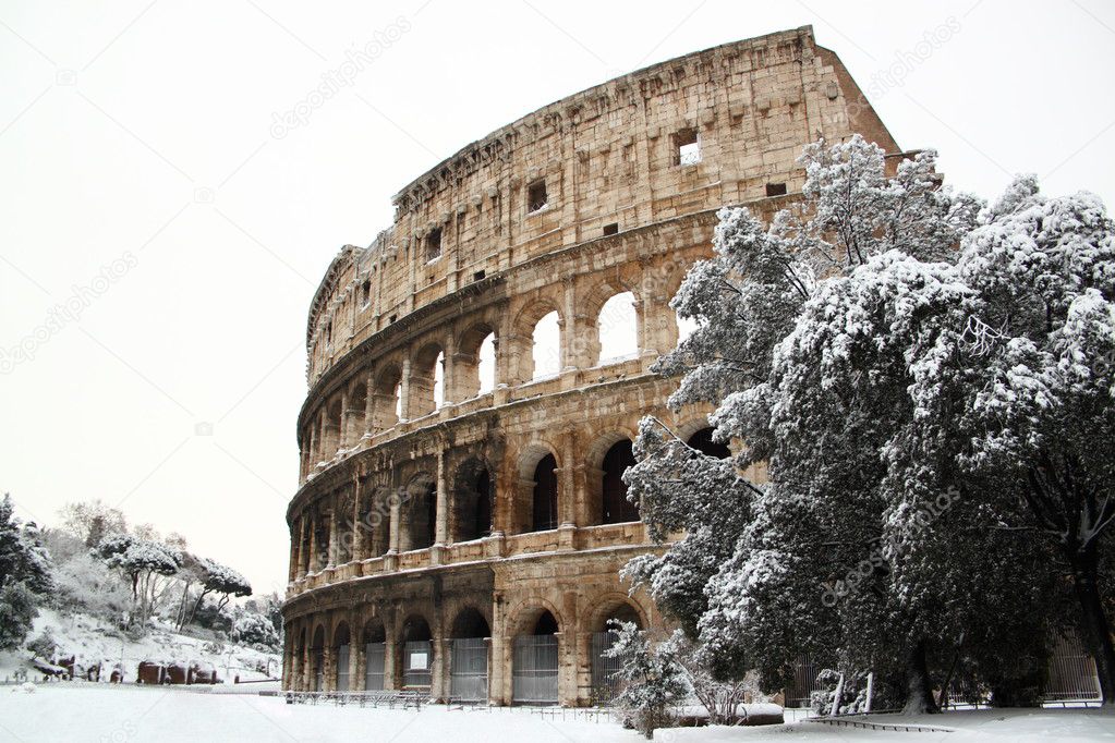 The Coliseum covered by snow