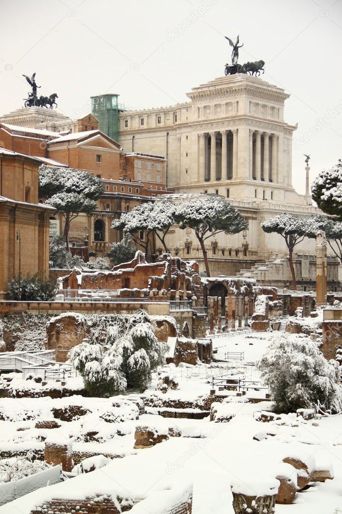 The Roman Forum covered by snow