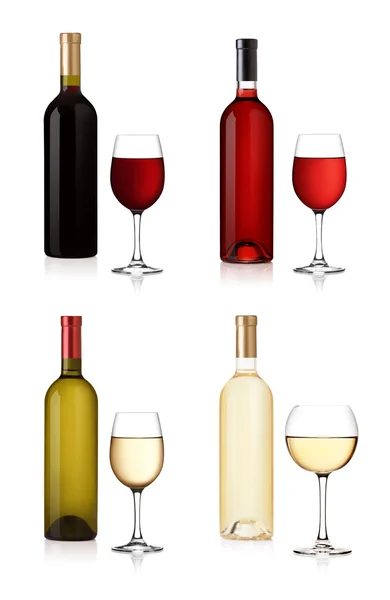 Conjunto de garrafas de vinho e filetes isolados sobre fundo branco — Fotografia de Stock