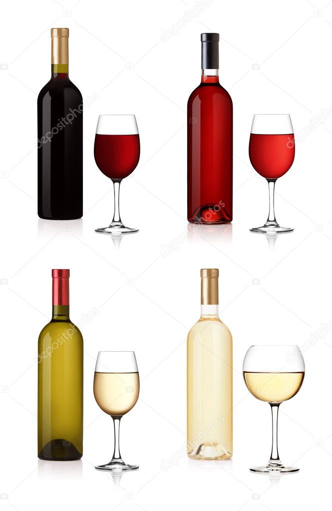 Set of wine Bottles and glas isolated on white background