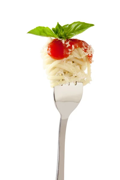 Spaghetti with sauce and parmesan cheese on a fork — Stock Photo, Image