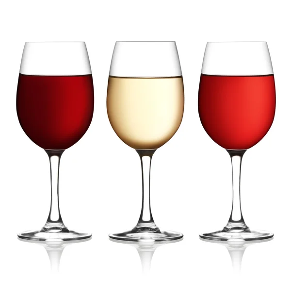 Bicchiere di vino rosso, rosa e bianco — Foto Stock