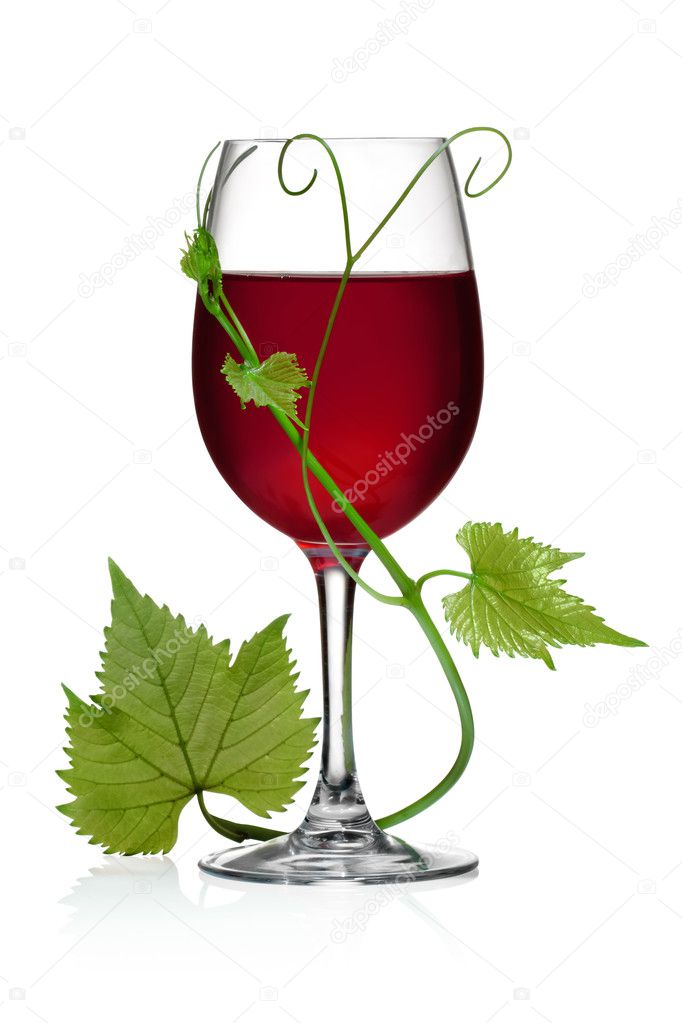 Glass of red wine with grape leaves