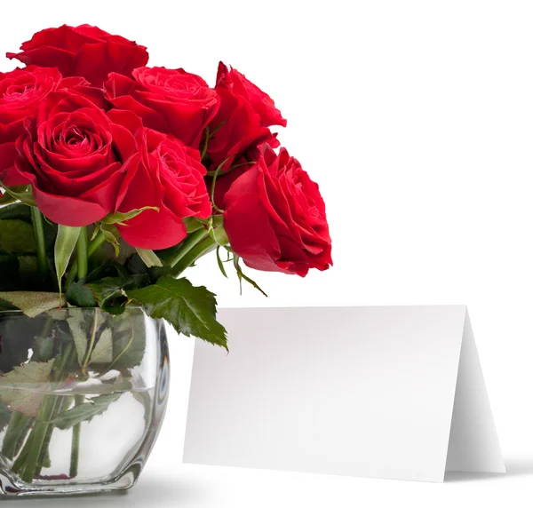 Красивая красная роза крупным планом с поздравительной открыткой — стоковое фото