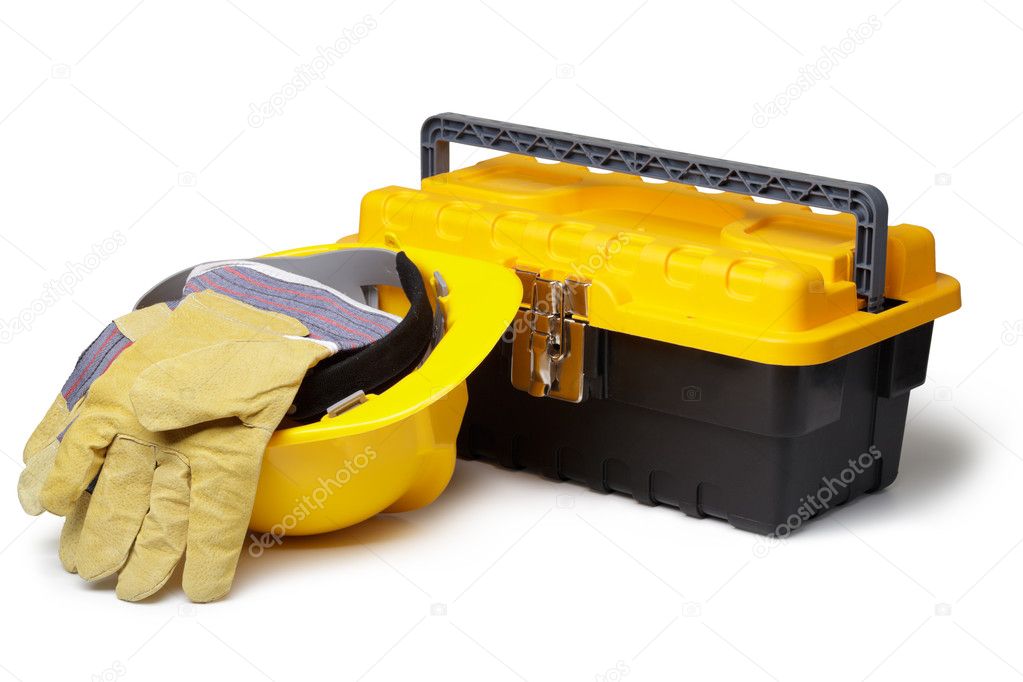Hard Hat, Leather Gloves and toolbox