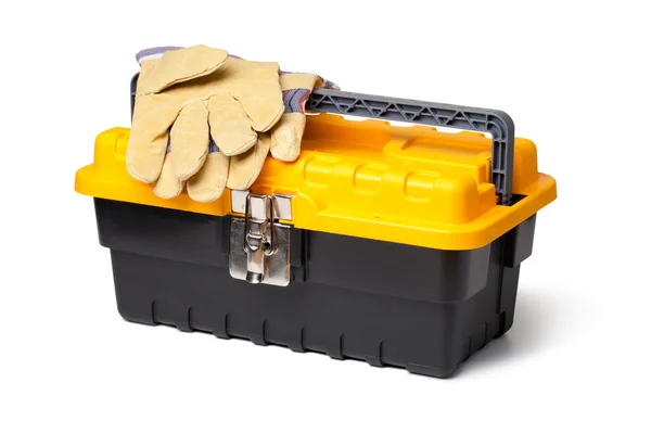Leather Gloves and toolbox isolated on white — Stock Photo, Image