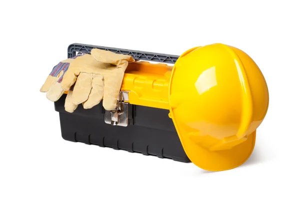 Hard Hat, Leather Gloves and toolbox — Stock Photo, Image