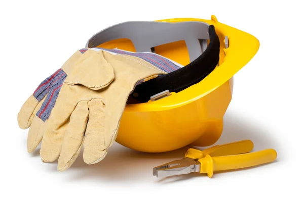 Hard Hat, Leather Gloves and pliers — Stock Photo, Image