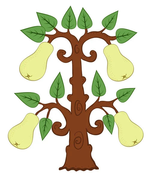 Peras dibujadas con hojas en el árbol — Vector de stock