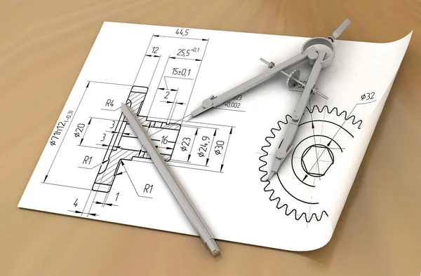 Kompasy, kreslení a tužka — Stock fotografie