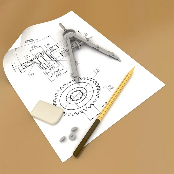 Zespół, ołówek i kompasy — Zdjęcie stockowe