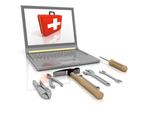 Il computer portatile con la serie completa di strumenti per riparazione — Foto Stock