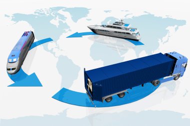 Types of transport on a map of the world background clipart