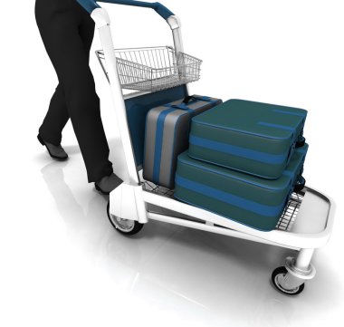 Man rolls light cart with luggage clipart