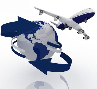 Passenger jet airplane travels around the world clipart