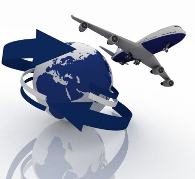 Passenger jet airplane travels around the world clipart