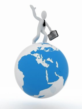 3D man with a suitcase and globe clipart