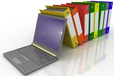 Colorful folders next to a modern laptop clipart