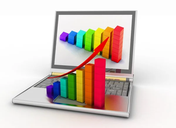 Laptop z wykresu na wykres monitora i biznes — Zdjęcie stockowe
