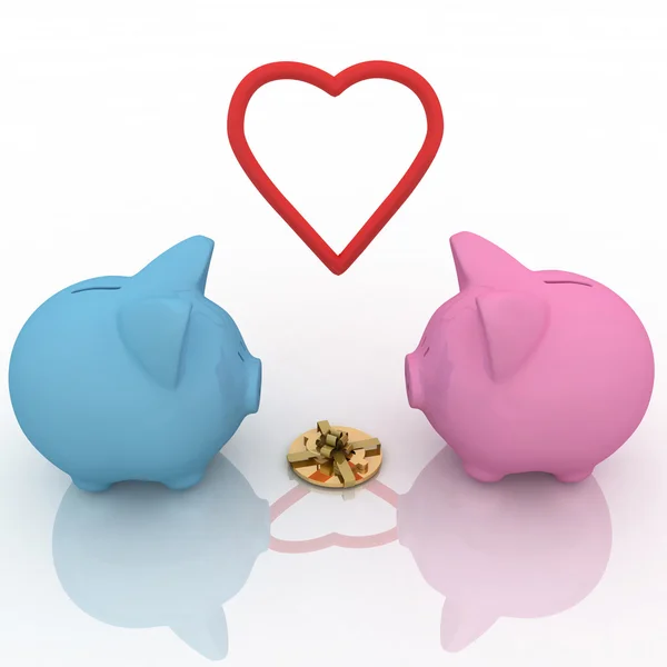 Two piggy-bank with gift and heart — Stock Photo, Image