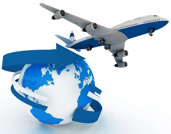 Passenger jet airplane travels around the world — Stock Photo, Image