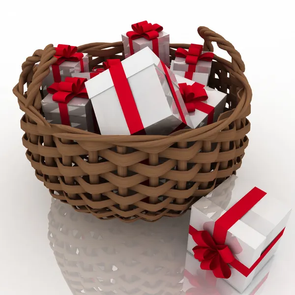 Cajas de regalo en una cesta de trenzas — Foto de Stock