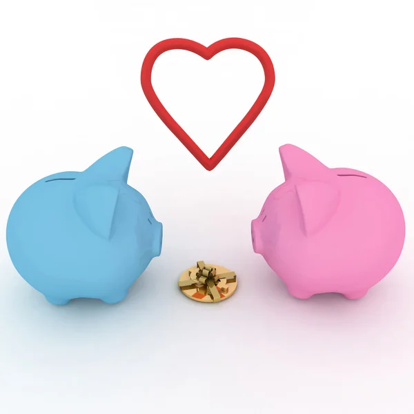 :two piggy-bank with gift and heart — Stock Photo, Image
