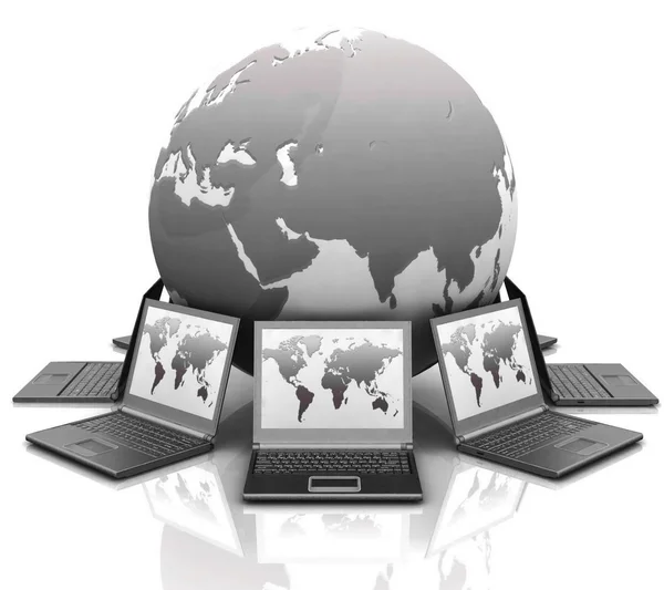 Laptops ronde een globe — Stockfoto
