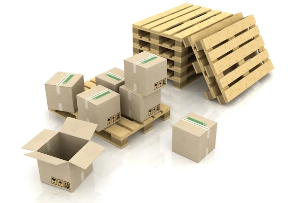 Kartonové krabice na dřevěných paletách — Stock fotografie