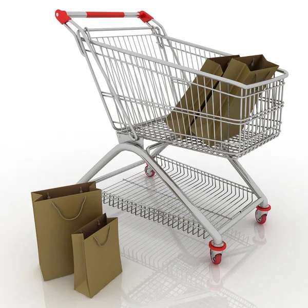 Nákupní vozík a nákupní tašky — Stock fotografie