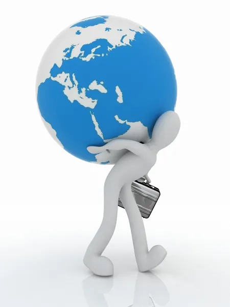 3D man with a suitcase is a globe on his back — Stock Photo, Image