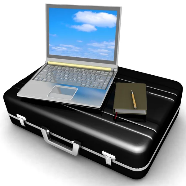 Silvery laptop and notepad with pen on black case — Stock Photo, Image