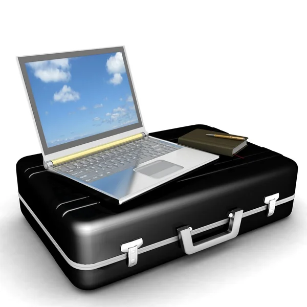 Laptop prateado e bloco de notas com caneta na caixa preta — Fotografia de Stock