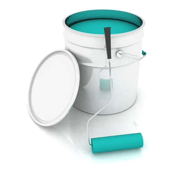 Otevřené kbelík s modrou barvou a válečkem — Stock fotografie