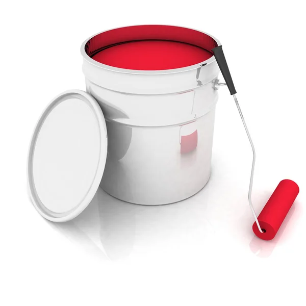Open bucket with red paint and roller — Stock Photo, Image