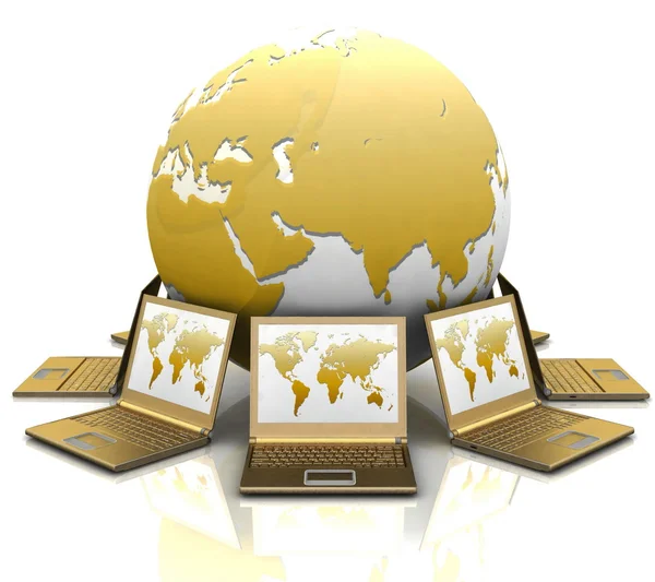 Gouden-laptops ronde een globe — Stockfoto