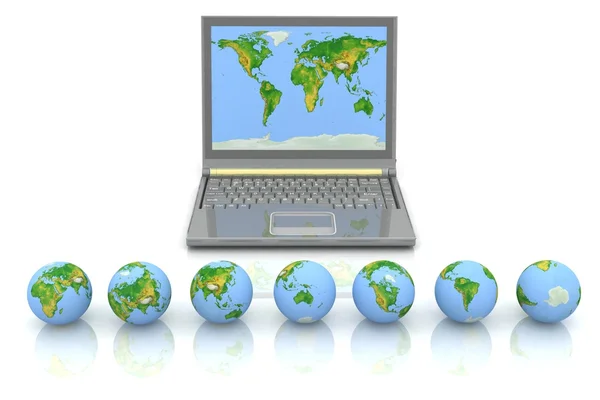Laptop i globusy — Zdjęcie stockowe
