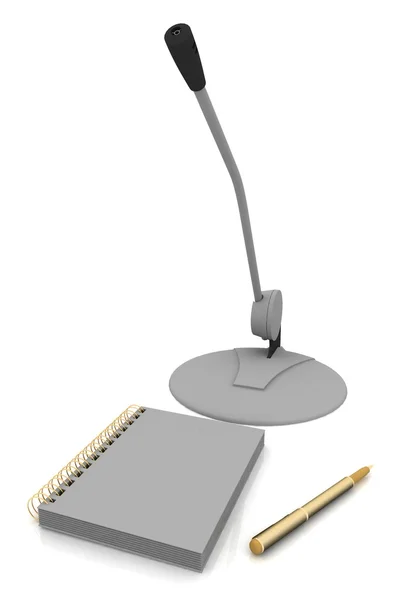 Notebook, microfoon en pen — Stockfoto