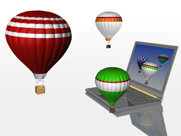 Hete lucht ballonnen opstijgen vanaf het scherm van de laptop — Stockfoto