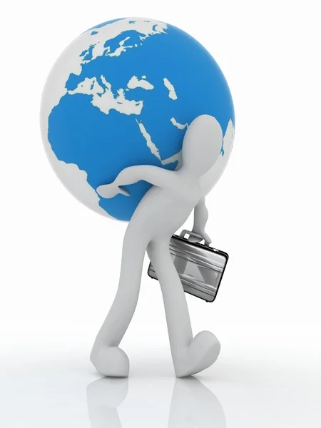 3D man with a suitcase and globe — Stock Photo, Image