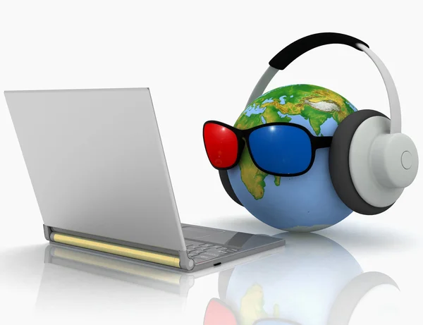 Globe with 3D glasses looking at a laptop — Stock Photo, Image
