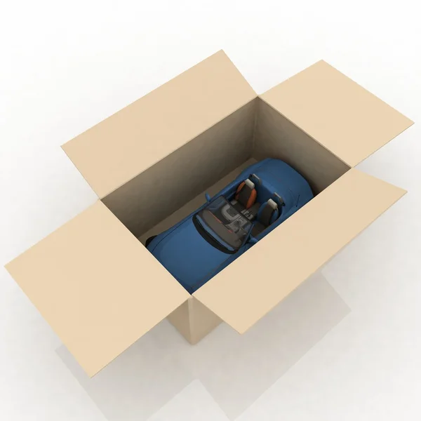 Открытая коробка с внутренней частью нового автомобиля — стоковое фото