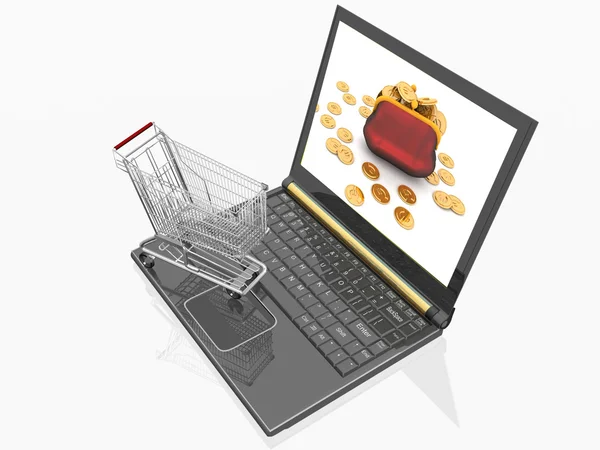 Carrinho de compras e laptop isolado — Fotografia de Stock