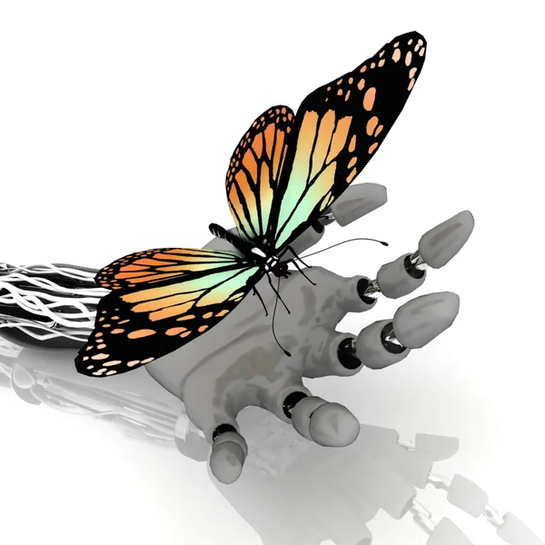 蝴蝶在机器人的手上 — 图库照片